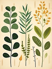 A beautiful botanical illustration of a variety of plants, featuring detailed leaves and stems. The plants are arranged in a symmetrical composition, with a light background.
