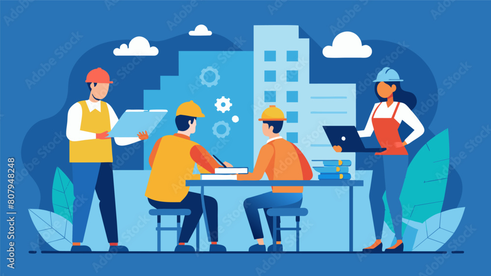 Poster the blueprint is prominently displayed on the table with workers leaning in and studying its intrica