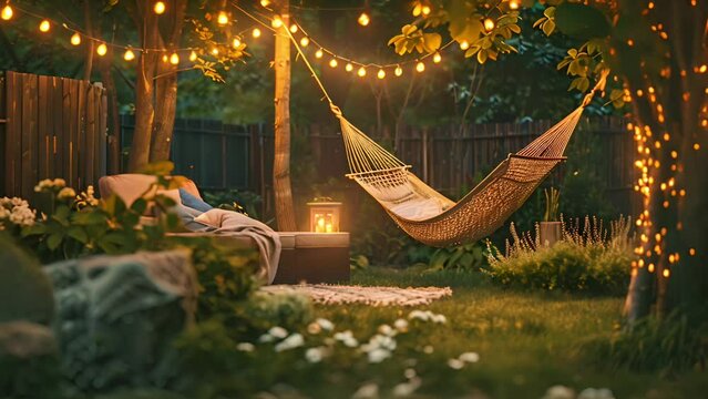 Tranquil backyard with a hammock under string lights, invoking relaxation and summer evenings, ideal for concepts related to home gardening and staycations