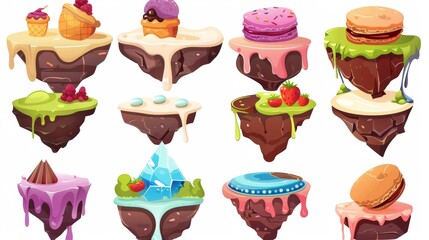 Floating dessert island game. Cartoon modern illustration of sweet confectionery on a flying platform. Pieces of fantasy fairytale candy land with ice cream, chocolate, macaron with berries, and