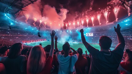 Soccer stadium fans in London celebrating the team championship, fireworks, team colors neon pink...
