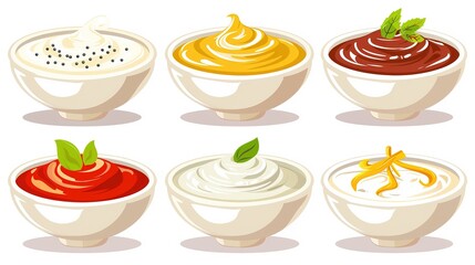 A variety of delicious sauces in colorful bowls, perfect for food blogs and restaurant menus