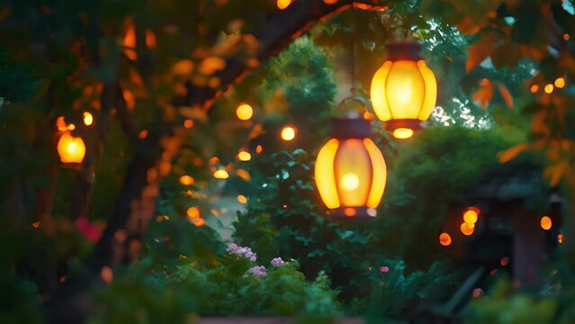 Enchanted garden with hanging lanterns at dusk, evoking a magical atmosphere, ideal for fantasy or midsummer night themes and garden party concepts