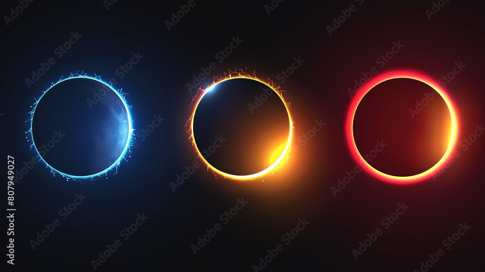 Poster ethereal glow: a triptych of luminous circles representing different phases of the existence of cele