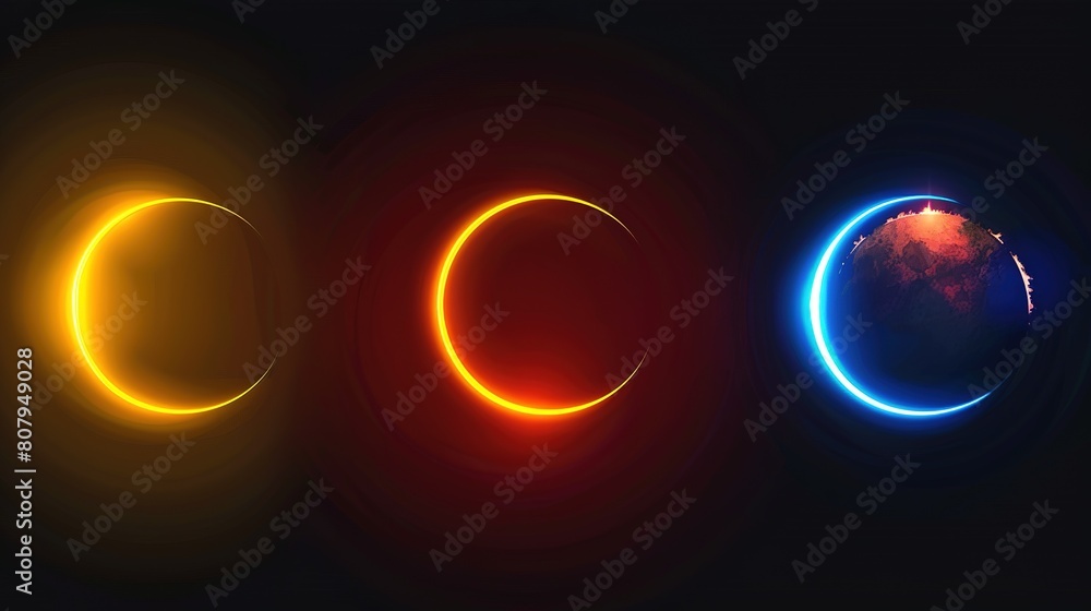Poster ethereal glow: a triptych of luminous circles representing different phases of the existence of cele