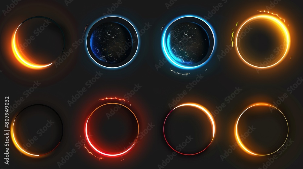 Poster ethereal glow: a triptych of luminous circles representing different phases of the existence of cele