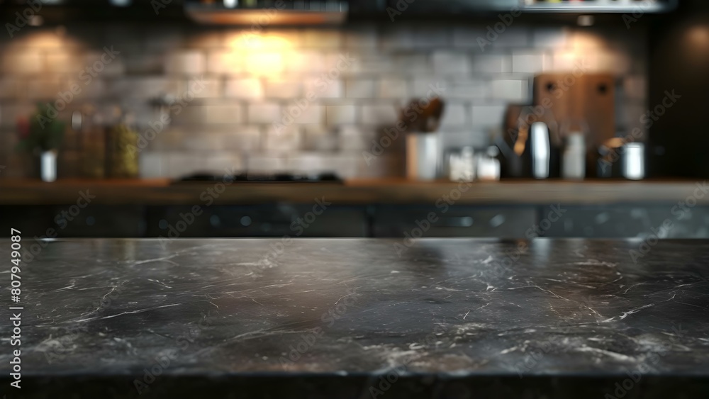 Poster blurry bokeh kitchen background with empty dark marble table for product display. concept kitchen ba