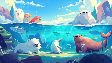 Cartoon illustration set of polar arctic animals - white wolf, swimming beluga, narwhal, big brown harbor and small baby harp seal.