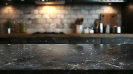 Blurry bokeh kitchen background with empty dark marble table for product display. Concept Kitchen Background, Bokeh Effect, Marble Table, Product Display, Empty Space
