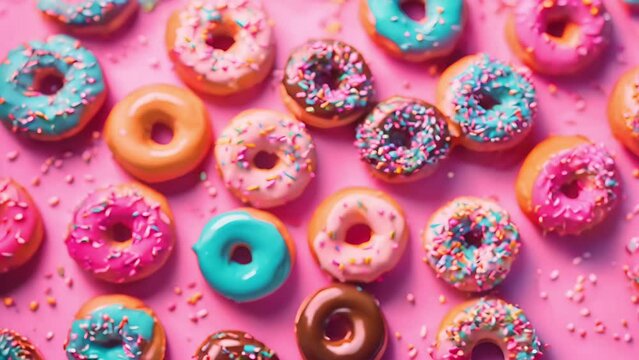 Assorted colorful glazed donuts with sprinkles on a pink background, ideal for National Donut Day and dessert concept imagery