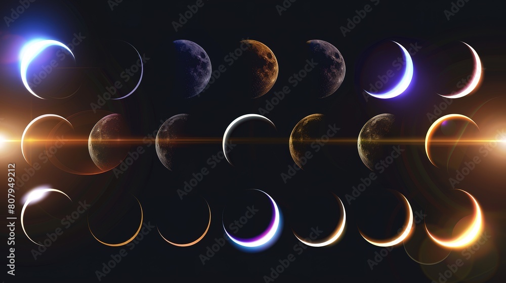Poster ethereal glow: a triptych of luminous circles representing different phases of the existence of cele