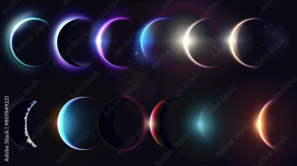 Poster ethereal glow: a triptych of luminous circles representing different phases of the existence of cele