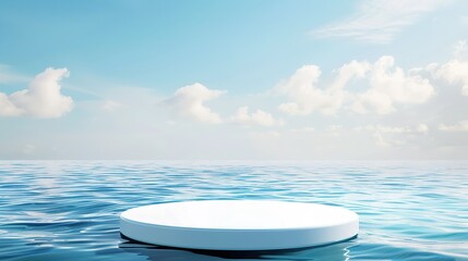 An elevated white platform set in the calm ocean waters under clear blue skies is ideal for product displays and presentations.