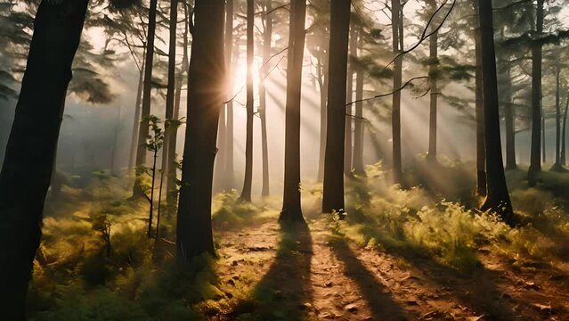 Peaceful forest trail with sunbeams piercing through mist, ideal for Earth Day promotions and nature mindfulness retreats