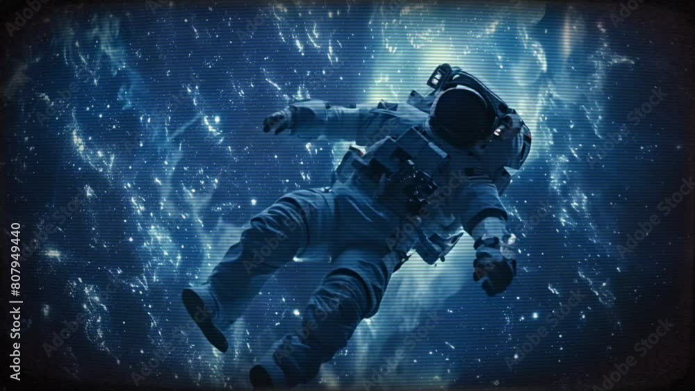 Poster astronaut floating in space with a backdrop of stars, illustrating concepts of space exploration and