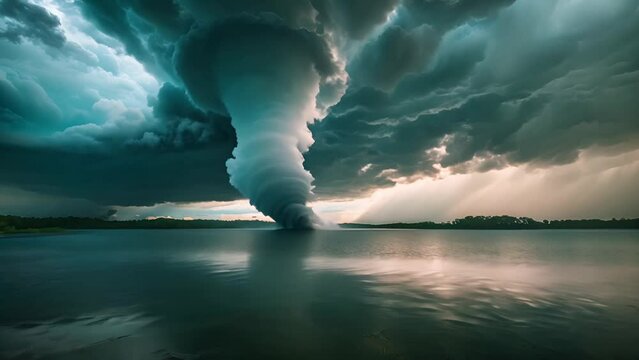 Majestic tornado funnel cloud descending over a calm lake with dramatic storm clouds, illustrating natural disasters and extreme weather concepts