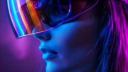 Fototapeta premium Woman wearing futuristic augmented reality glasses showcasing cuttingedge technology. Concept Fashion, Technology, Futuristic, Augmented Reality, Photography