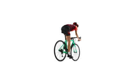 Back view. Young man, cyclist in sportswear and helmet riding bicycle, training against transparent background. Concept of sport, action, competition, power and endurance, health marathon.