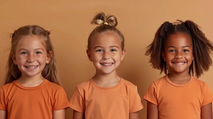 3 girls, different skin colors A confident many child posing against a Isolated backdrop, her bright smile and a clear orange t shirt, isolated in a light brown studio.