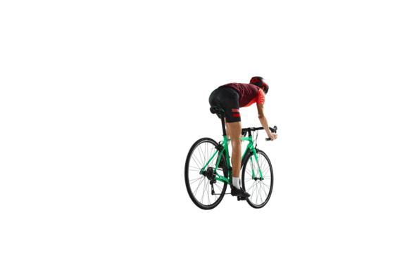Back view. Young man, cyclist in sportswear and helmet riding bicycle, training against transparent background. Concept of sport, action, competition, power and endurance, health marathon.