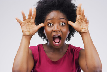 Black woman, crazy and portrait with funny face in studio for comic, comedy and silly emoji by...