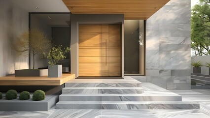 Modern coastal entrance with stone tiles wooden rustic accents and contemporary design. Concept Coastal Design, Stone Tiles, Rustic Accents, Contemporary Style, Modern Entrance