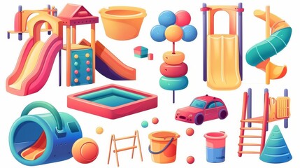 A cartoon modern illustration set of bright kindergarten playground park equipment - a slide and tunnel, a pool with soft balls, a sand bucket, and a car bouncy swing.