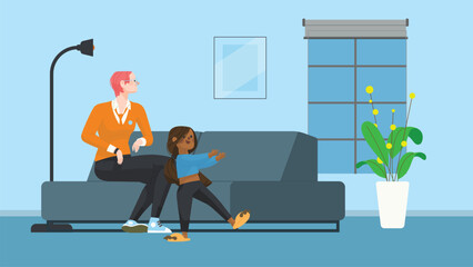 Happy woman and girl in living room, young family watching movie at home vector. Family watching television together. Happy people watch tv in living room, young 