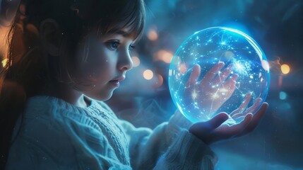Naklejka premium A child holding a glowing orb containing an AI companion, depicting a future where humans and AI coexist