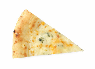 Piece of delicious cheese pizza isolated on white, top view
