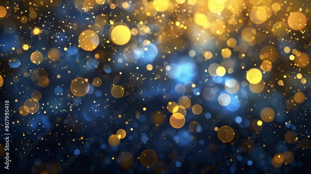 Wall mural an abstract blurry sparkle background with blue and gold bokeh. a festive bright soft circle flare t