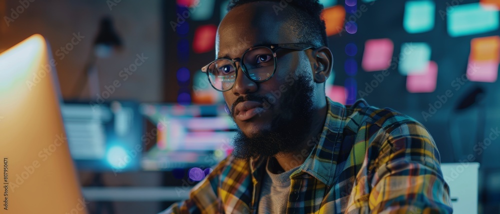Poster male software engineer developing apps, programs, video games in modern office. thinkful black it pr