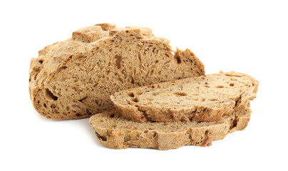 Freshly baked cut sourdough bread isolated on white