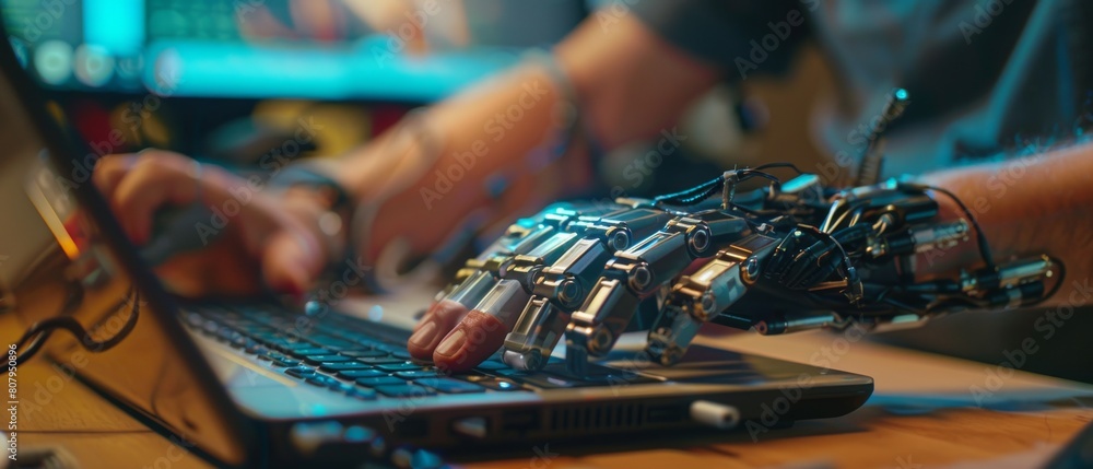 Poster myoelectric bionic hand used by specialized programmer with disability to type code for software. pr