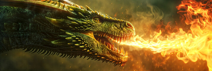 Side view of the head of a majestic green dragon spitting fire