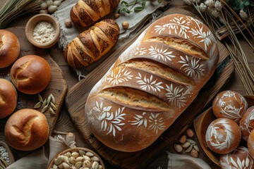 Artisanal Bread Collection with Floral Patterns and Natural Ingredients