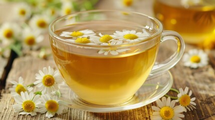 Chamomile Tea in Glass Cup Surrounded by Fresh Chamomile Flowers