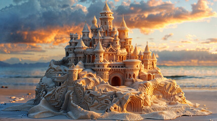 A big sand castle on a beach at the sea during sunset