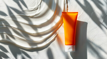 An empty orange sunscreen tube mockup on a white background