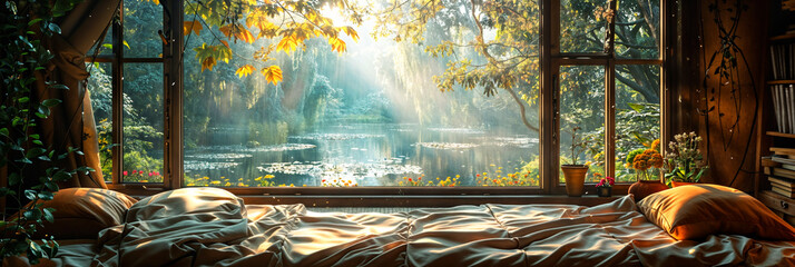 A comfortable bed at a window with a beautiful panorama view on a forest lake