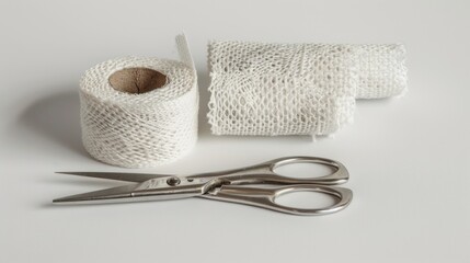 Medical Bandage Rolls and Scissors on a Clean White Background