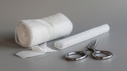 Sterile Medical Bandages and Scissors on a Grey Background
