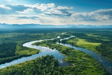 Obraz premium Russia landscape. Serene Aerial View of a Meandering River Through Lush Green Forests.