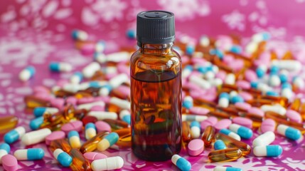  Colorful Medication Capsules Surrounding a Small Amber Bottle