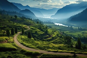 Rwanda landscape. Serene Mountain Valley with Winding Road and Lush Green Terraces.