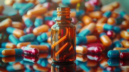 Amber Glass Medicine Bottle Surrounded by Colorful Capsules