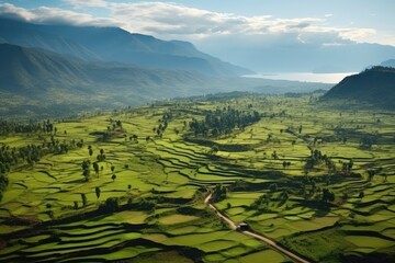 Rwanda landscape. Breathtaking Aerial View of Lush Green Rice Terraces with Mountains and Lake.