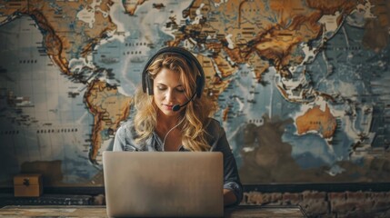 A woman with headphones on a laptop in front of world map, AI
