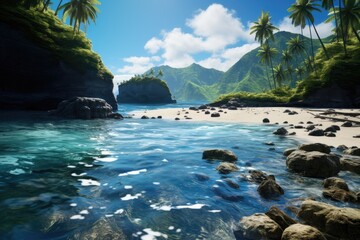 Obraz premium Samoa landscape. Tranquil Tropical Beach Scenery with Crystal Clear Blue Waters and Lush Green Mountains.