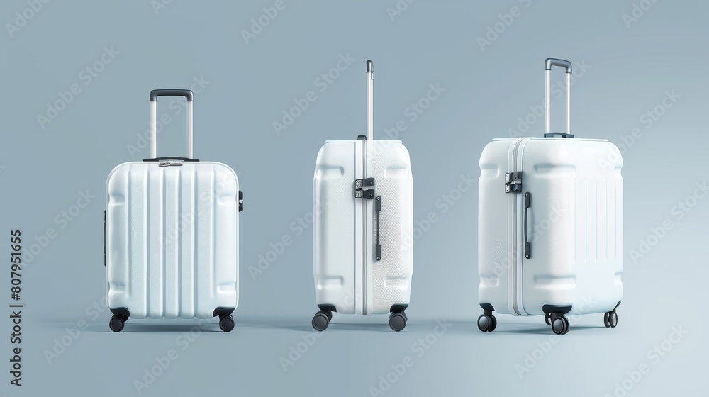 Wall mural an illustration set of realistic 3d modern illustrations of white suitcases with handles and wheels 